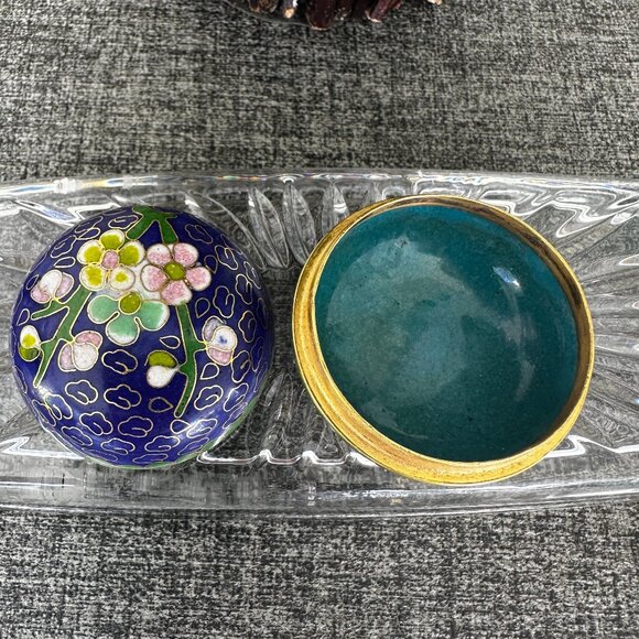 Cloisonne Cobalt Blue Floral Round Mini Trinket Jewelry Vintage Box - Picture 6 of 8